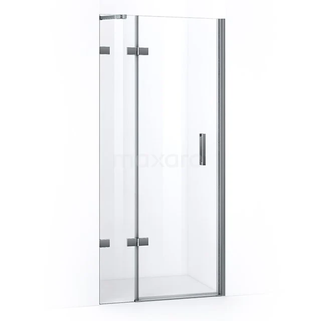 Glass shower door with silver fittings, sleek design, ideal for modern bathrooms; made of clear safety glass.