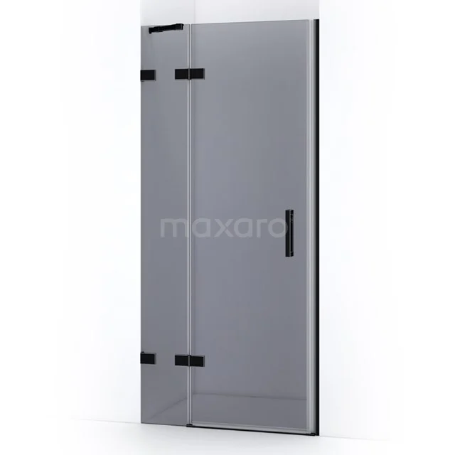 Matte black shower door with clear glass and minimalist design, ideal as a modern room divider in the bathroom.