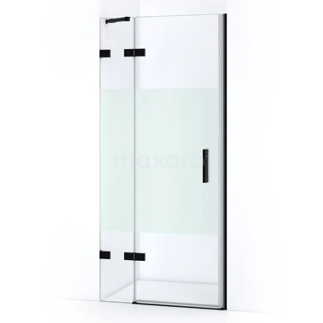 Duschtür mit schwarzem Aluminiumrahmen, Klarglas und Scharnieren, ideal für einen modernen Badezimmerstil.