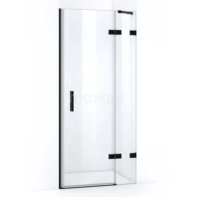 Shower door with black frame, frosted glass, sturdy hinge, stylish and ideal for a modern bathroom.