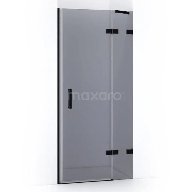 Shower door with matte black profile, clear glass and hinges, perfect for a modern bathroom style.