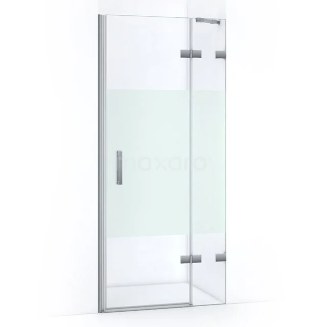 Glass shower door with aluminium edges, swivel mechanism and frosted glass detail, perfect for a modern bathroom style.