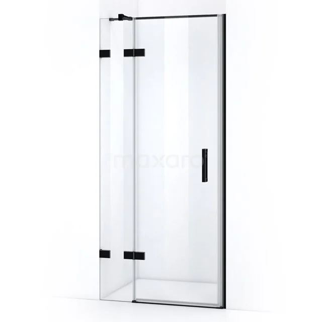 Glasene Duschtür mit schwarz mattem Rahmen, moderner Stil, ideal für eine schlichte Badezimmergestaltung.