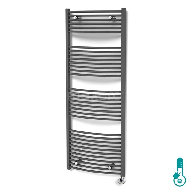 Matt grey curved towel radiator with vertical tubes, ideal for stylish and efficient heating in the bathroom.