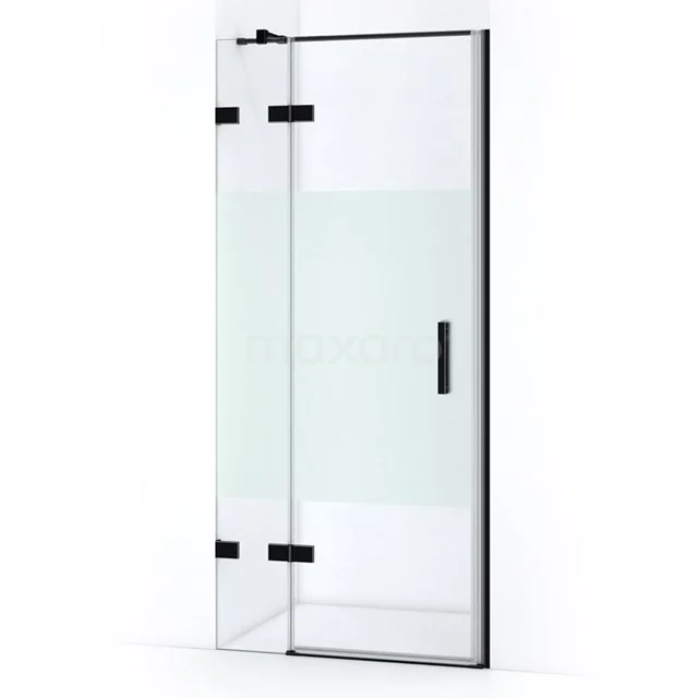 Quartz Shower door | 90 cm Matte black Clear with matt strip Pivot door WQC63413M Glass shower door with black hinges and handle, sleek design for modern bathrooms.
