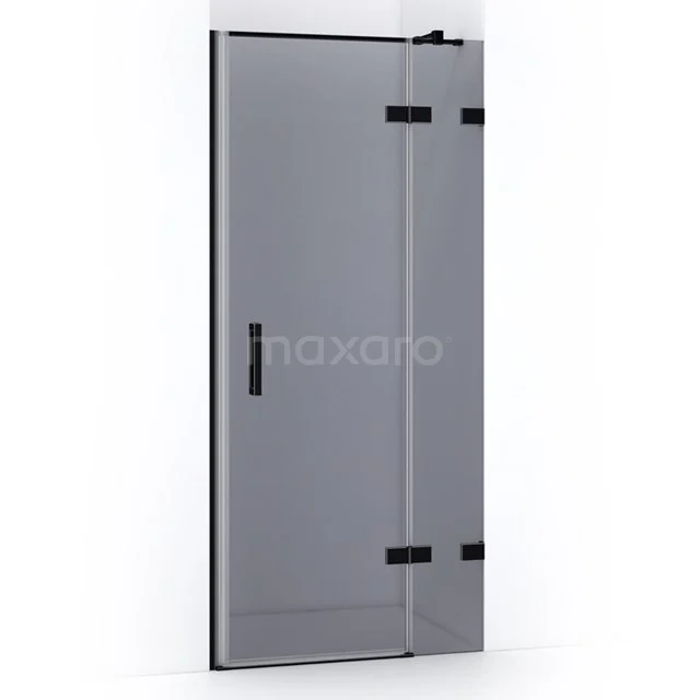 Matte black shower door with clear glass and hinges, ideal for a modern bathroom style.