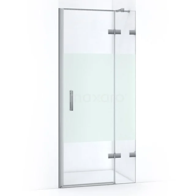 Glass shower door with frosted glass strip, silver hinges and Handle, ideal for a modern bathroom.