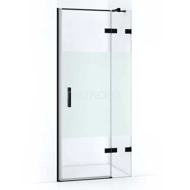 Quartz Shower door | 90 cm Matte black Clear with matt strip Pivot door WQC63423M Shower door with black frame, clear glass and swivel mechanism, modern bathroom design, suitable for stylish interiors.