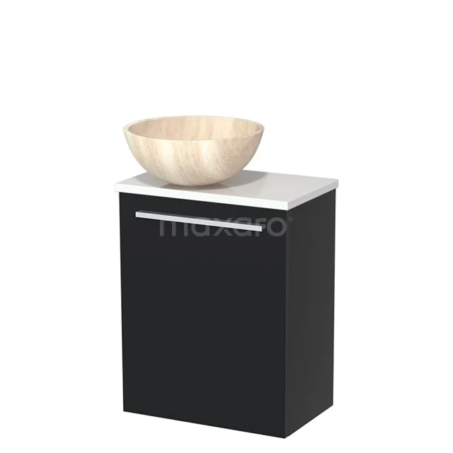 WC-Möbel mit Aufsatzwaschbecken | 41 cm Matt Schwarz Glatte Front Travertin Naturstein Aufsatzwaschbecken Hochglanz Weiß Platte TMK10-10351 Schwarzer Badezimmerunterkasten mit weißem Waschbecken und holzfarbigem Aufsatzwaschbecken, modernes Design und klare Verarbeitung.