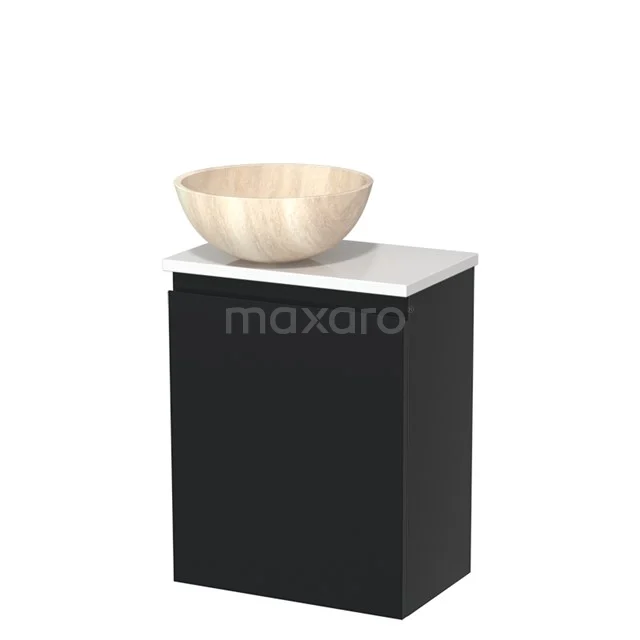 Mat zwarte badkamerkast met wit blad en ronde houten waskom, modern design voor stijlvol badkamerinterieur.