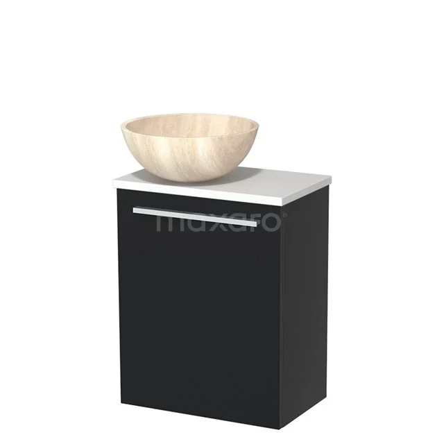 Zwart badkamermeubel met witte wastafel en houten waskom, strak design, perfect voor moderne badkamerinterieurs.