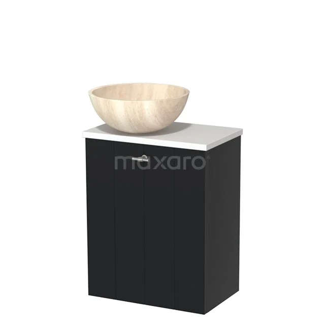 Zwarte badkamerkast met witte bovenkant en houten waskom, compact design, ideaal voor moderne badkamers.