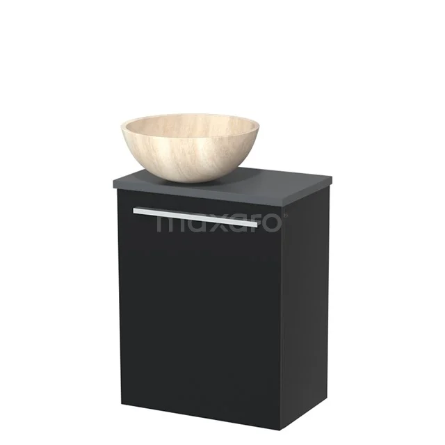 Zwart badkamermeubel met houten waskom, minimalistisch design, ideaal voor moderne badkamers.