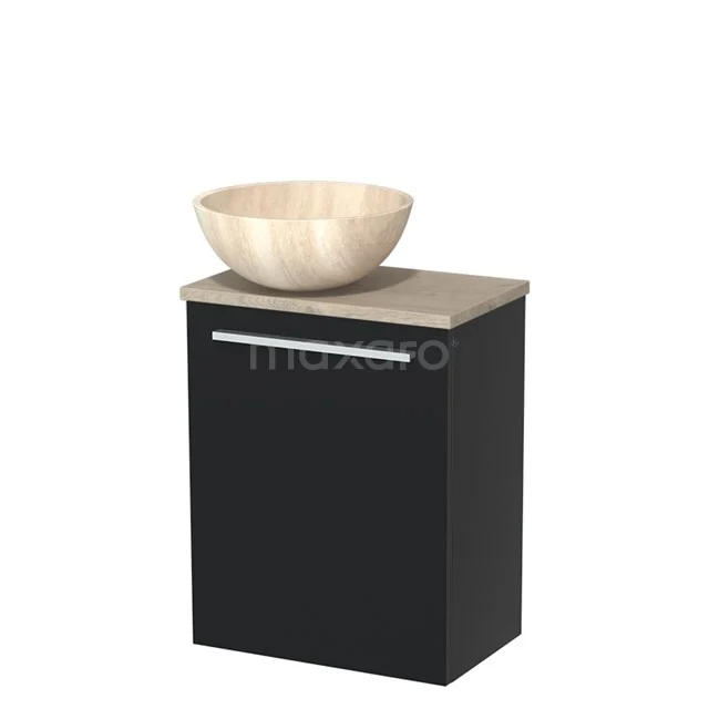 WC-Möbel mit Aufsatzwaschbecken | 41 cm Matt Schwarz Glatte Front Travertin Naturstein-Aufsatzwaschbecken Hellgraue Eiche Platte TMK10-10375 Schwarzer Badschrank mit Naturholz Aufsatzwaschbecken, modernes Design, Unterschrank mit silberfarbigem Griff.