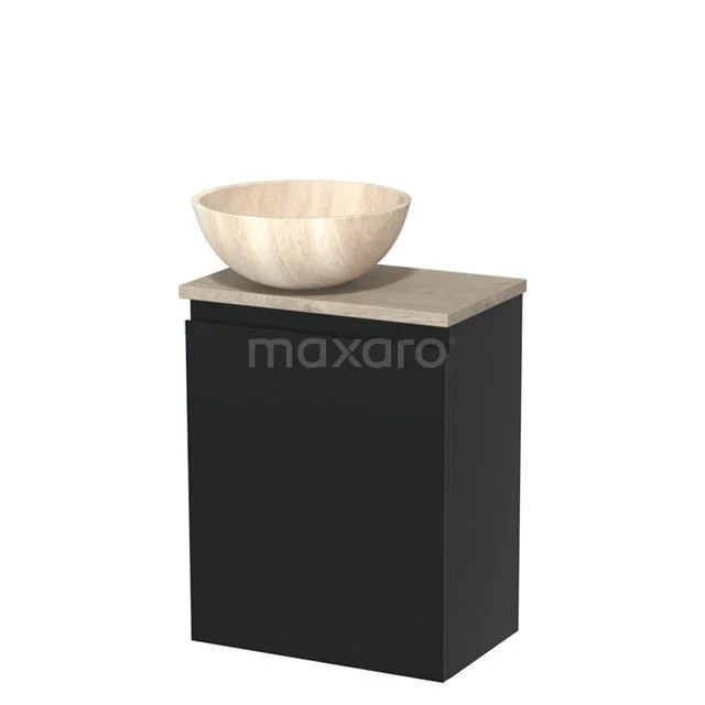 Zwart badkamermeubel met houten waskom, modern design, beige blad en compacte vormgeving, ideaal voor kleine badkamers.
