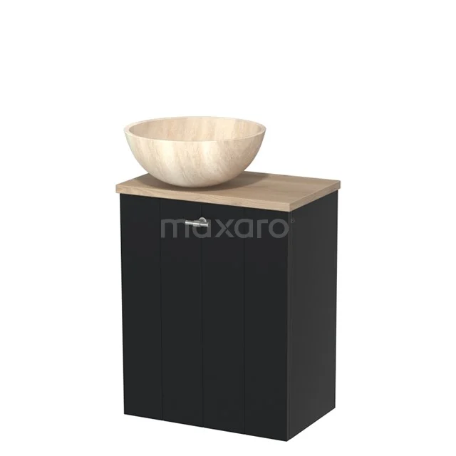 Zwarte badkamerkast met houten wastafelblad en komvormige beige waskom, ideaal voor moderne badkamerinrichting.