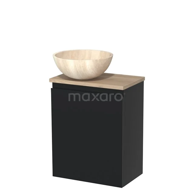 WC-Möbel mit Aufsatzwaschbecken | 41 cm Matt Schwarz Grifflose Front Travertin Naturstein Aufsatzwaschbecken Hellbraune Eiche Platte TMK10-10381 Schwarzer Badschrank mit Holzplatte und beiger Waschbecken, modernes Design aus der Luxus Badmöbel-Serie.