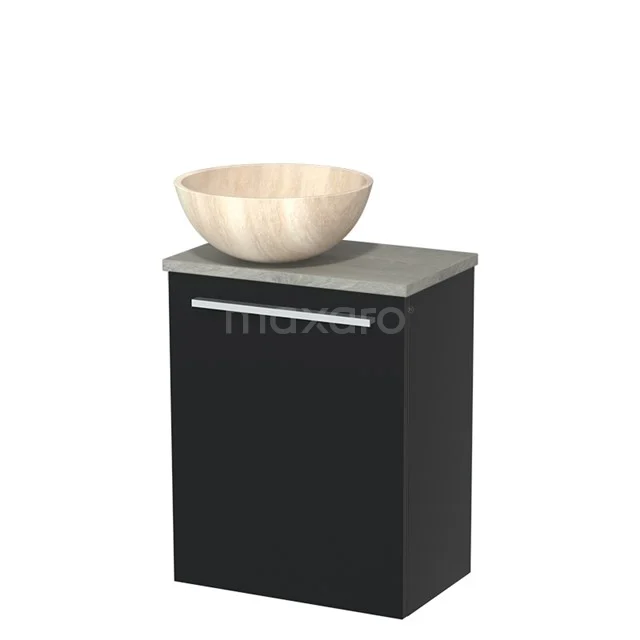 WC-Möbel mit Aufsatzwaschbecken | 41 cm Matt Schwarz Glatte Front Travertin Naturstein Aufsatzwaschbecken Graue Eiche TMK10-10391 Schwarz Badmöbel mit Holz Aufsatzwaschbecken, modernes Design, Serie Compact Line, ideal für kleine Bäder.