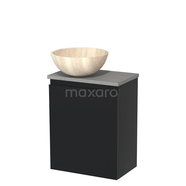 Zwart badkamermeubel met mat grijs blad en ronde houten waskom, ideaal voor een moderne badkamerstijl.