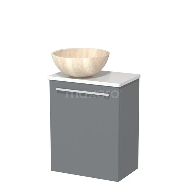 Grijs badkamermeubel met witte wastafel en ronde kom van licht hout, strak modern design.