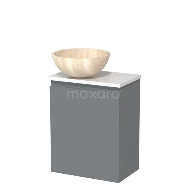 Grijs badkamermeubel met witte bovenblad en houtkleurige waskom, compact ontwerp voor moderne badkamer.