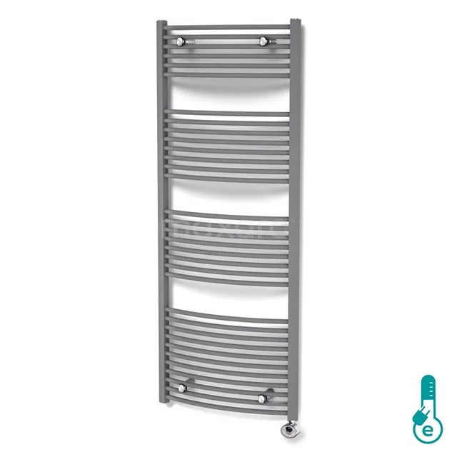 Silberner Design-Handtuchheizkörper mit gebogenen Rohren, ideal für ein modernes Badezimmer, aus langlebigem Stahl gefertigt.