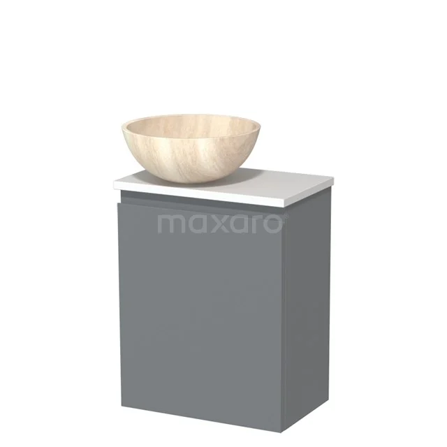 Grijze badkamerkast met witte bovenkant en houten waskom, modern design, ideaal voor stijlvolle badkamerinrichting.