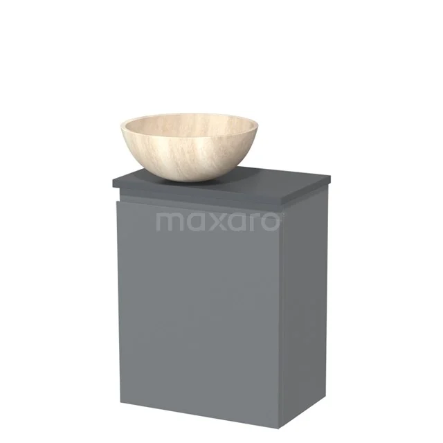 Grijze badkamerkast met houten wastafelkom, modern design van duurzaam materiaal. Perfect voor stijlvol badkamerinterieur.