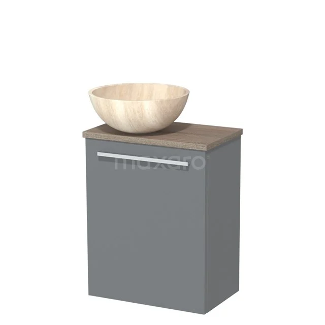 Grijze badkamermeubel met houten waskom, compacte vorm, ideaal voor moderne badkamers.