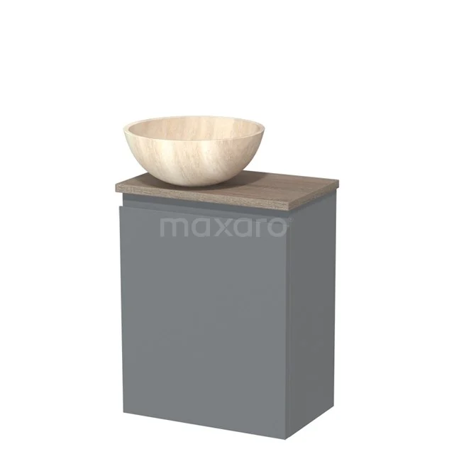 Grijs houten badkamermeubel met natuurstenen waskom in beige tint, modern design voor stijlvolle badkamers.