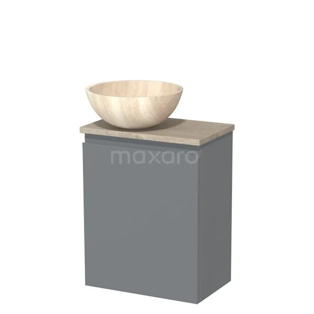 Grauer Badschrank mit beiger Holzwaschtischplatte und rundem Aufsatzwaschbecken, minimalistisches Design für einen modernen Badezimmerstil.