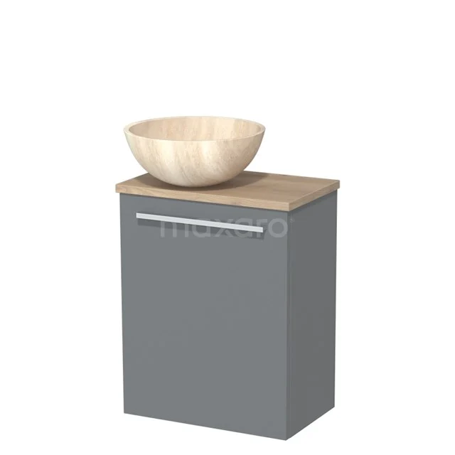 Grijze badkamerkast met houten wastafelblad en ronde beige waskom, modern design en perfecte opbergruimte voor de badkamer.