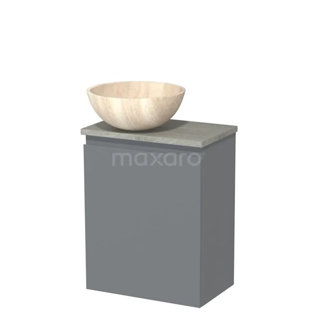 Grauer Badschrank mit Holz-Aufsatzwaschbecken, kompaktes Design; stilvolles Badmöbel aus nachhaltigem Material für moderne Bäder.