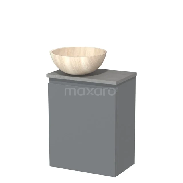 Grijze badkamermeubelset met houten waskom, strak design en compact formaat, perfect voor moderne badkamerinrichtingen.