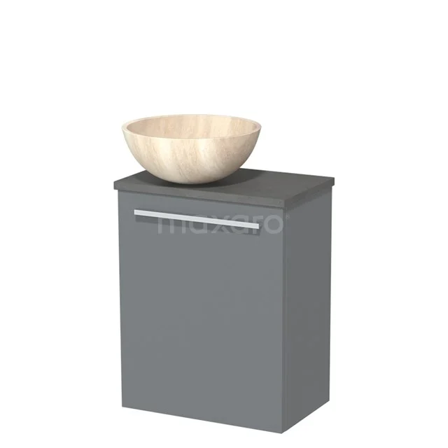 Grijze houten badkamermeubel met lade en beige waskom, compact design voor moderne badkamers.