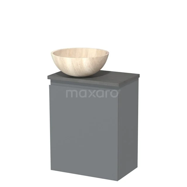 Grijze badkamerkast met houten waskom, compact design, ideaal voor moderne badkamers.