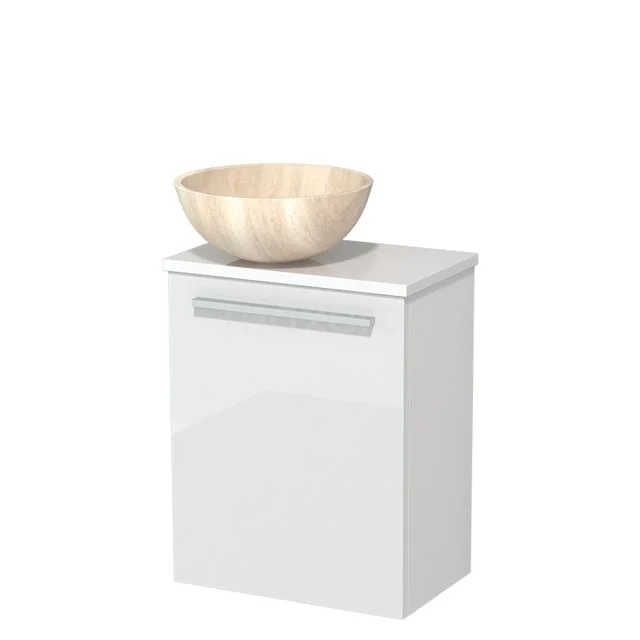 Wit zwevend badkamerkastje met houten waskom, glanzende afwerking en zilverkleurige handgreep, modern en compact design.