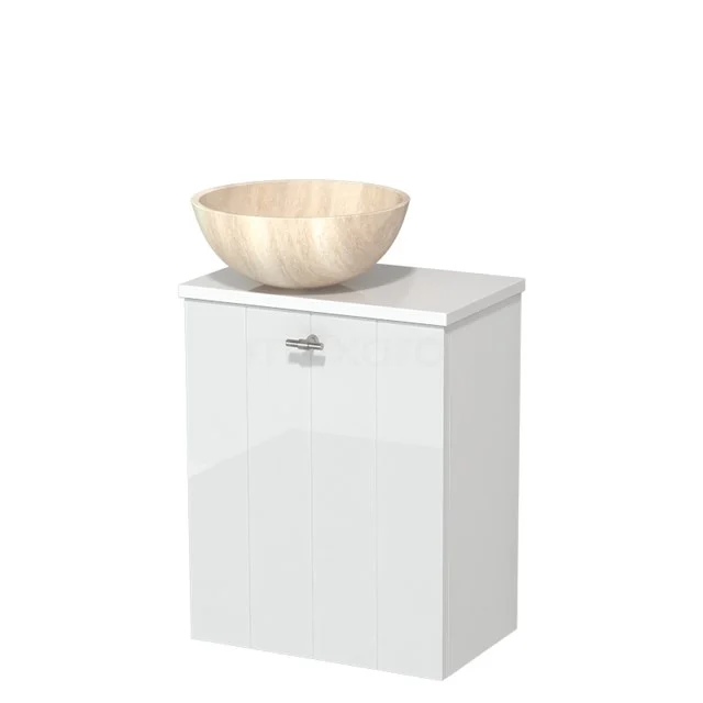 Wit hangend badkamerkastje met keramische wastafel en houten afwerking, compact design uit de Eco-serie.