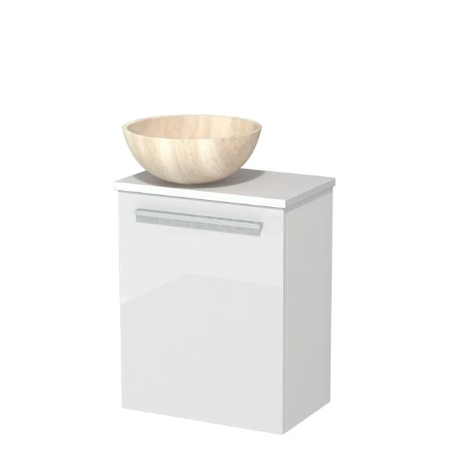 Wit badkamerkastje met een houten waskom, compact design, ideaal voor moderne badkamers.