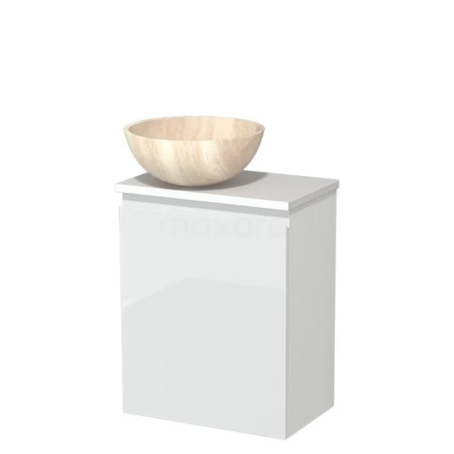 WC-Möbel mit Aufsatzwaschbecken | 41 cm Hochglanz Weiß Grifflose Front Travertin Naturstein Aufsatzwaschbecken Matt Weiß Platte TMK10-10481 Weißes Badezimmermöbel mit glänzender Oberfläche und einem runden, beigen Natursteine Aufsatzwaschbecken oben drauf.