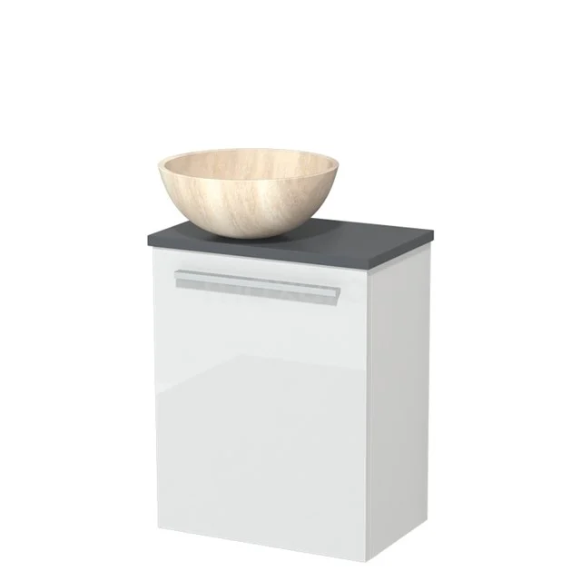Wit badkamerkastje met antraciet blad en ronde houten waskom, modern design en geschikt voor kleine badkamers.