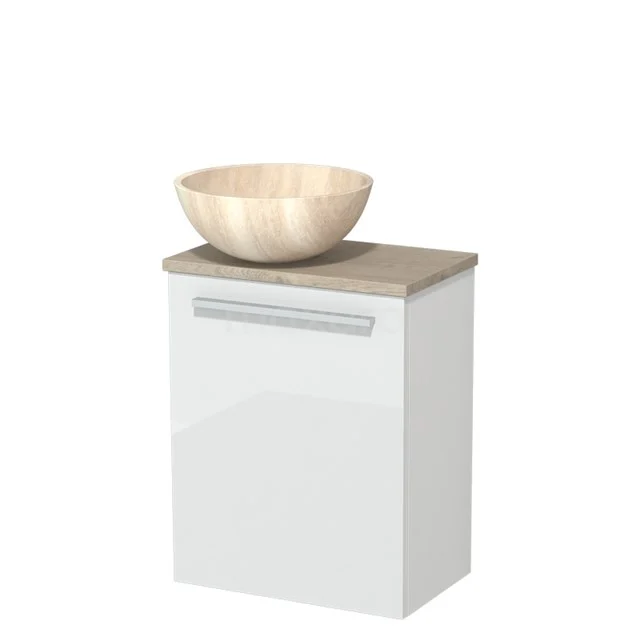 WC-Möbel mit Aufsatzwaschbecken | 41 cm Hochglanz Weiß Glatte Front Travertin Naturstein-Aufsatzwaschbecken Hellgraue Eiche Platte TMK10-10494 Weißer Badschrank mit Holzplatte und rundem Holzaufsatzwaschbecken, ideal für einen modernen Badezimmerstil.