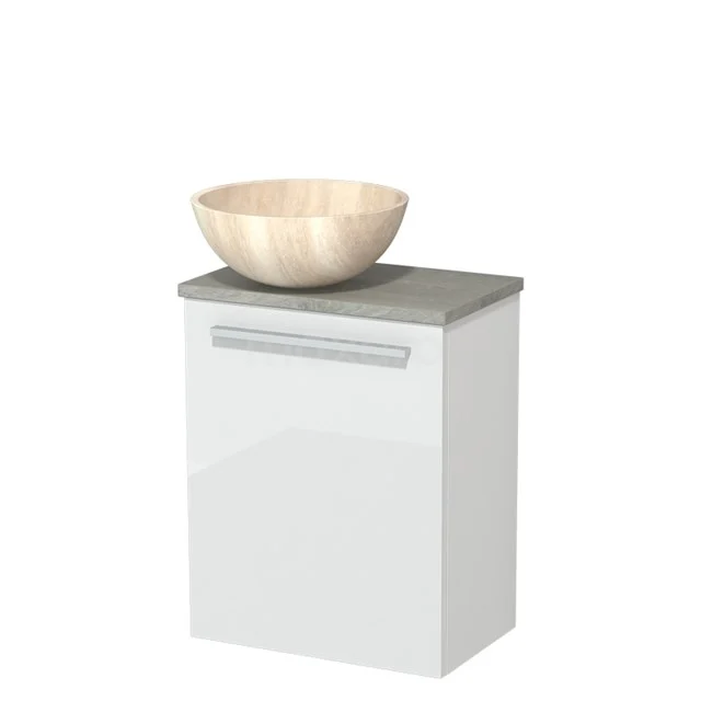Wit hangend badkamerkastje met grijs blad en ronde natuurstenen waskom, compact design voor moderne badkamer.