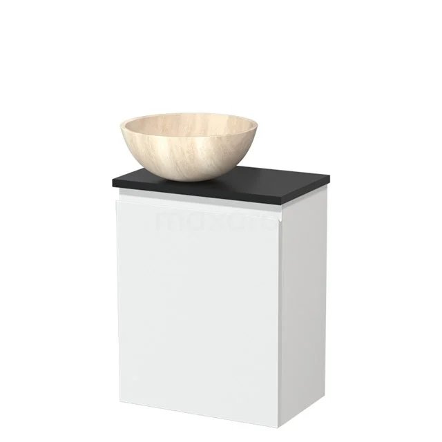 Wit badkamermeubel met zwarte bovenblad en beige waskom, ideaal voor een moderne badkamer inrichting.