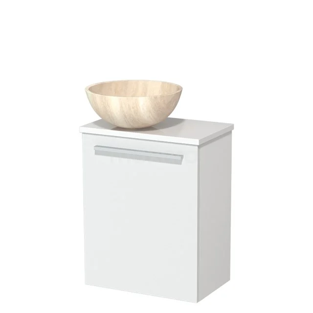 Wit badkamerkastje met hout-look waskom, compact design, ideaal voor moderne badkamers.