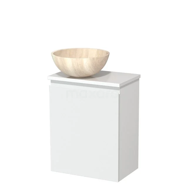 Wit badkamermeubel met een ronde, beige natuurstenen wastafel bovenop, ideaal voor een moderne badkamerstijl.