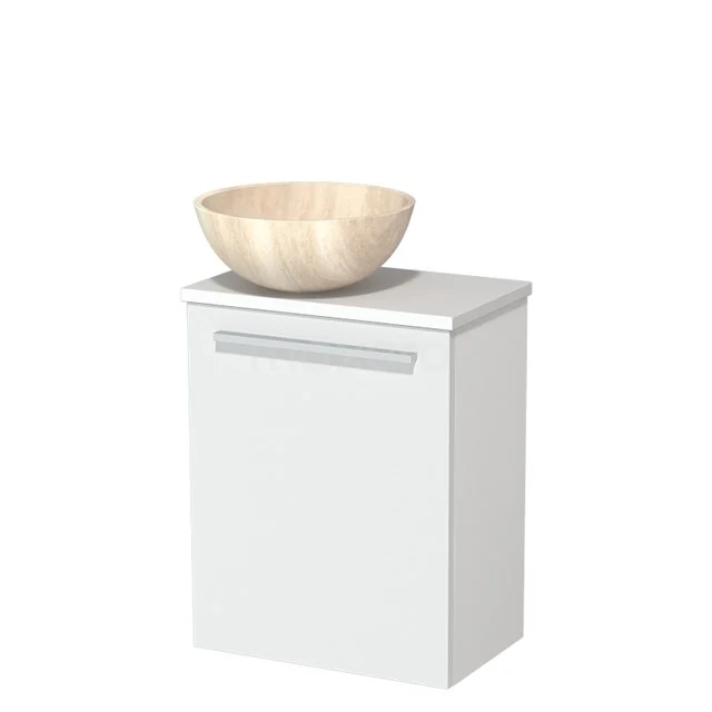 Wit hangend badkamerkastje met houten waskom, modern design, ideaal voor een stijlvolle en functionele badkamerinrichting.