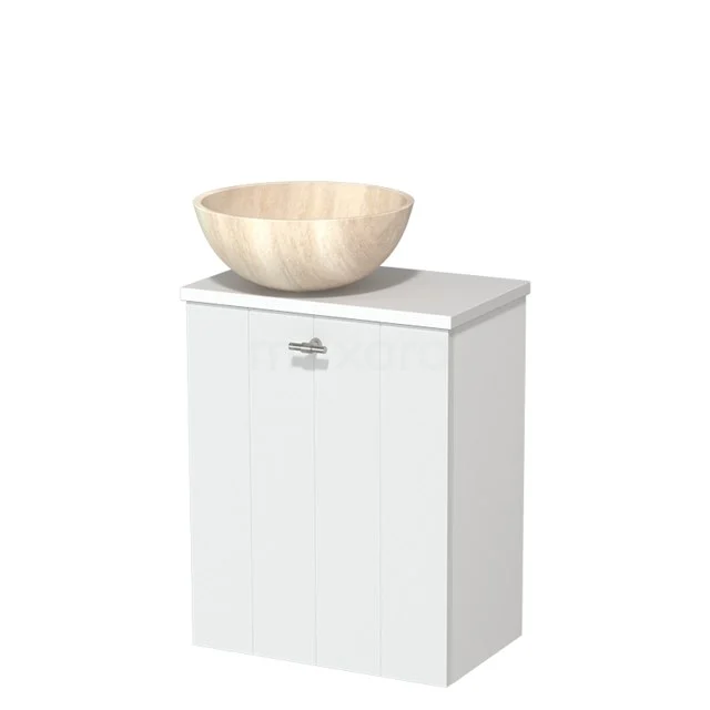 Wit hangend badkamerkastje met een ronde, licht houten waskom; moderne stijl en compact design voor kleine badkamers.