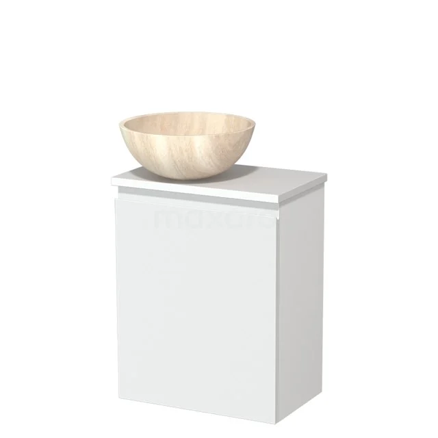 Weißes Badezimmermöbel mit holzfarbigem Aufsatzwaschbecken, kompaktes Design, ideal für stilvolle und kleine Bäder.