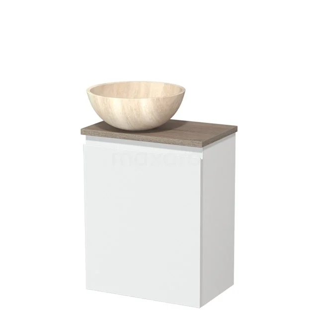 Wit badkamermeubel met houten wastafelkom en grijs blad, compact design geschikt voor kleine badkamers.